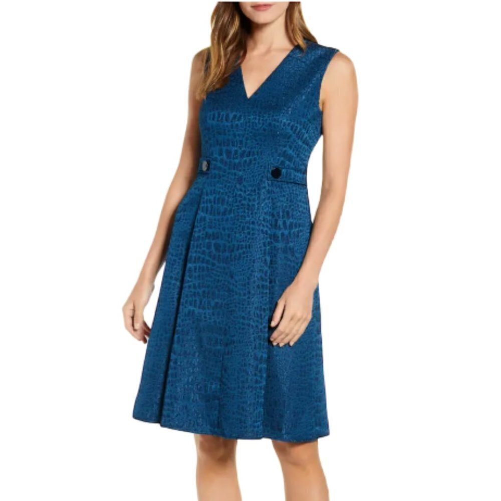 NWT ANNE KLEIN Women's Textured Jacquard Fit & Flare V-Neck Pleated Midi Dress